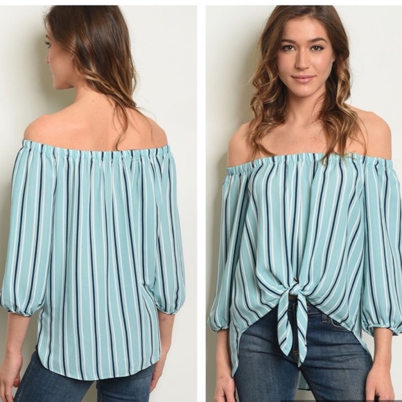 ☕️Turquoise Striped Off the Shoulders Top 🌟 - Picture 2 of 3